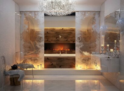 glamorous-custom-bathroom-design-chandelier-fireplace