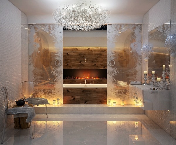 glamorous-custom-bathroom-design-chandelier-fireplace