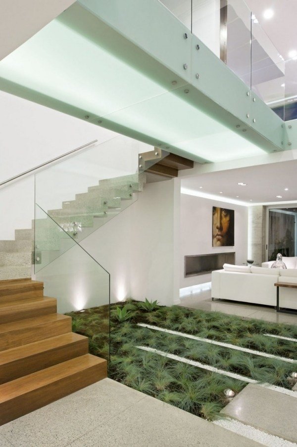 indoor gardening ideas staircase wood glass banisters 