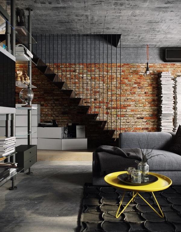 industrial ideas brick wall concrete ceiling gray sofa