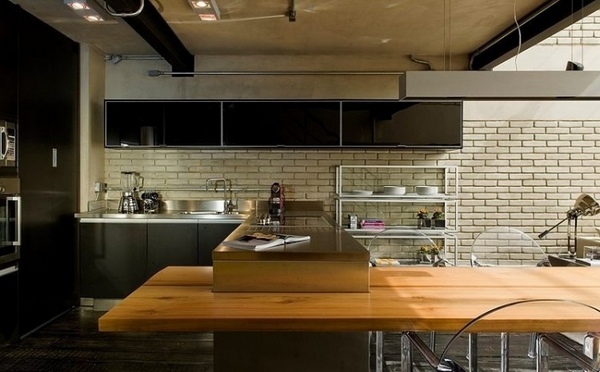 industrial-kitchen-black-cabinets-white-brick-backsplash
