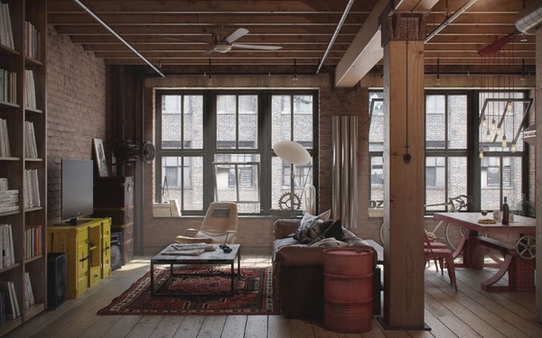 industrial style loft windows beams wood floor