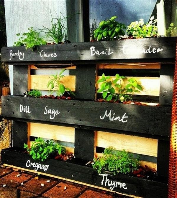 labeled pallet herb garden DIY vertical garden recycled wood