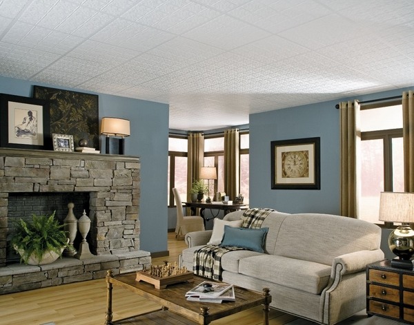 living room interior stone fireplace sofa armstrong ceiling tiles