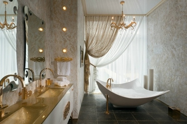 luxury-master-bathroom-curtains-gold taps modern bathtub