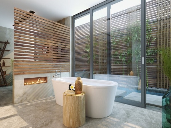 luxury-master-bathroom-ideas-fireplace bathtub partition wall 