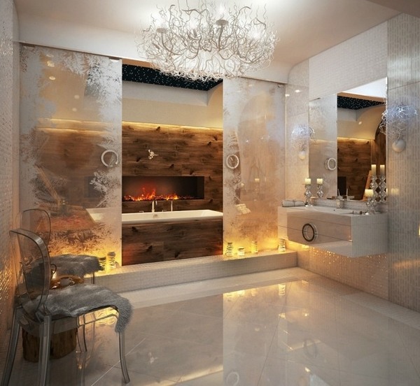 luxury-master-bathroom-ideas-glossy tiles glass partition walls fireplace