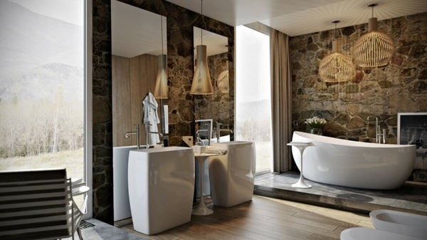 luxury-master-bathroom-ideas-natural-stone-wall-freestanding-tub-modern-sink