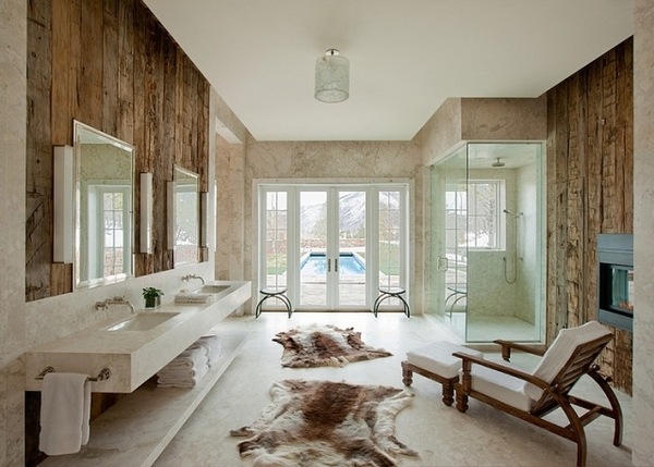 master-bathroom-ideas-marble sink natural wood walls walk in shower