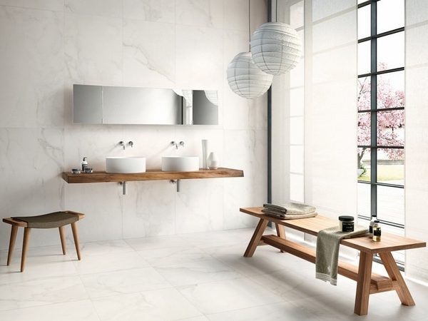 minimalist bathroom wall wooden vanity vessel sinks