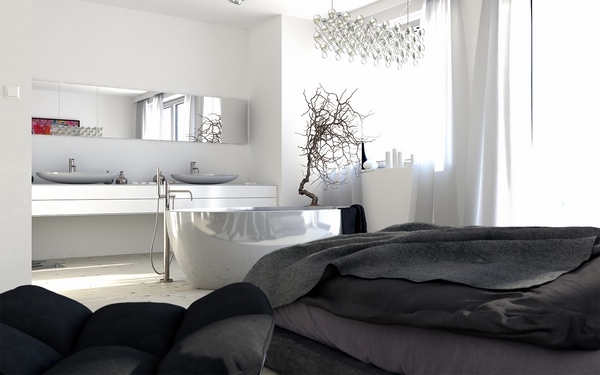 minimalist bedroom bathroom open plan design double sink vanity bathtub