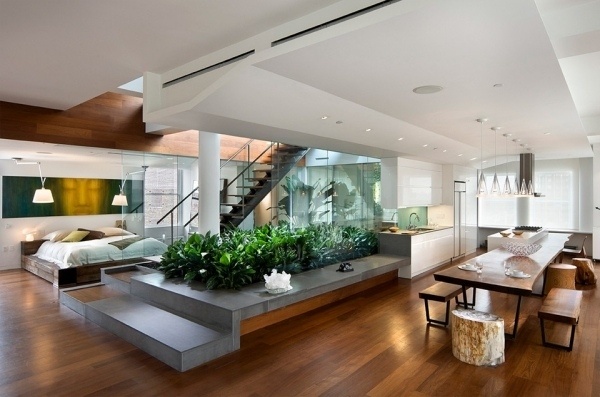 modern apartment open space design wood floor-indoor-garden