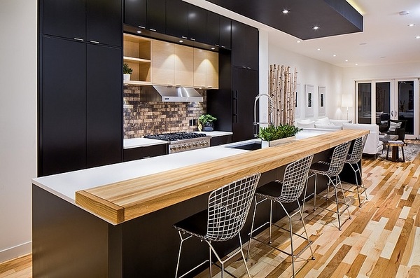 modern kitchen design black cabinets wood breakfast bar top 