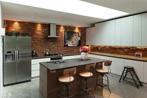 modern-kitchen-design-white-handle-less-cabinets-brick-backsplash