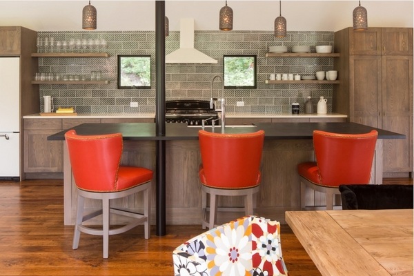 modern kitchen red bar stools wood flooring