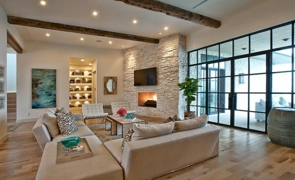 modern-living-room-country-decor-beige-sofa-set-ceiling-beams-stone-wall