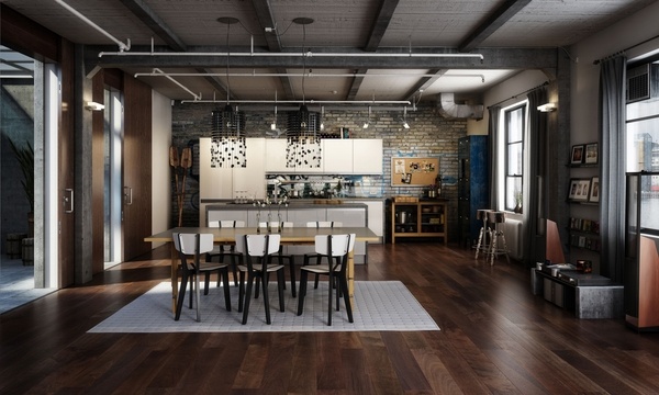modern loft apartment industrial decor ceiling beams brick wall