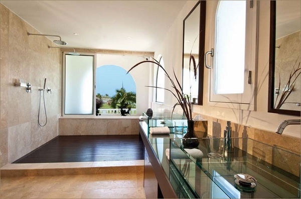 modern-master-bathroom-ideas-doorless shower unique vanity cabinet