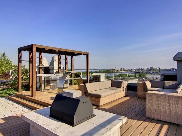 rooftop deck design ideas wooden pergola area outdoor sofas
