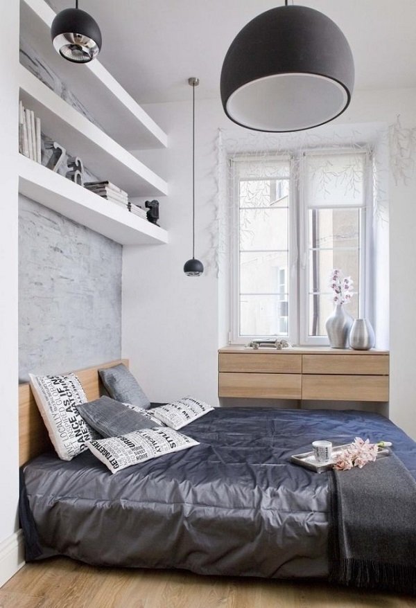 modern-small-bedroom-open-shelves-pendant-lamps gray wall color