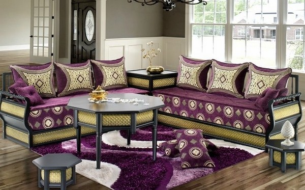 moroccan style living room interior design purple sofa upholstery decorative pillows