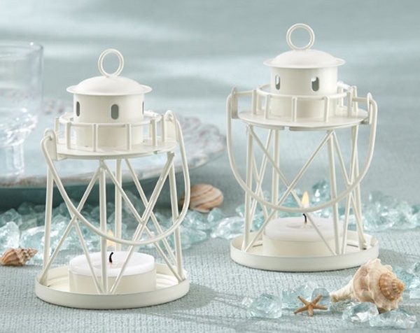nautical table decor white lanterns shells lighthouse shape