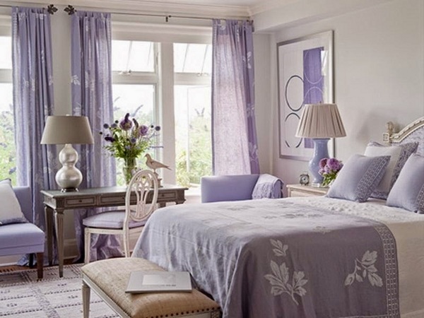 pastels bedroom interior soft lilac curtains bedding set