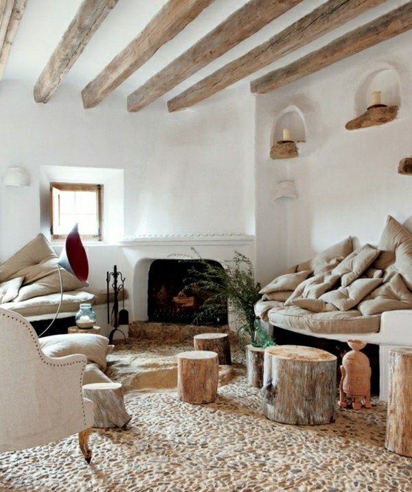 pebble floor ceiling beam white wall color natural wood decor living room 