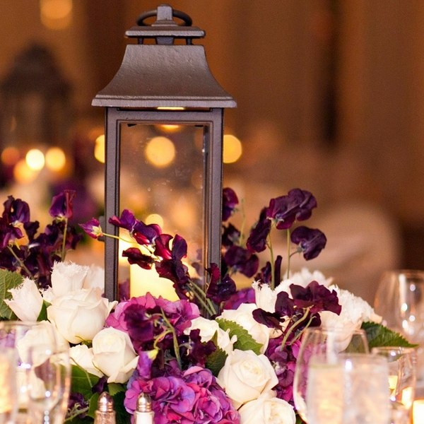 table decorations lantern centerpiece purple white roses