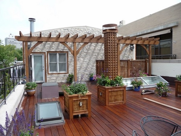 roof deck design wooden pergola planter boxes wood flooring