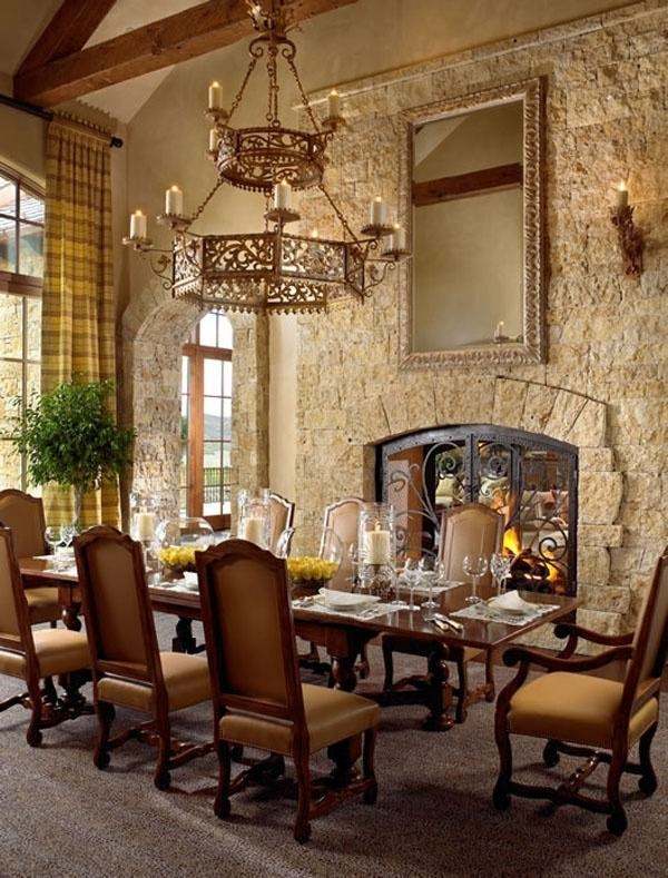 Tuscan Decor Charming And Romantic Interior Designs In Rustic Style   Rustic Dining Room Tuscan Decor Stone Wall Fireplace Solid Wood Furniture Wrought Iron Chandelier  