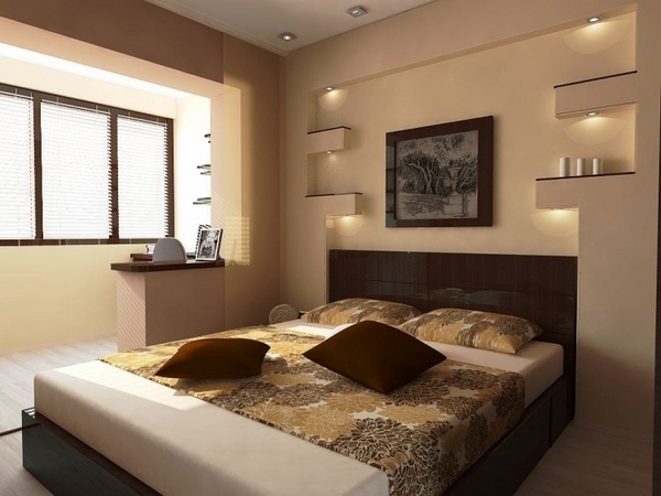 small-bedrooms-ideas-modern beige wall dark wood bed headboard