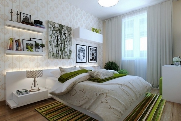 small-bedrooms-ideas-white furniture green carpet LED lighting
