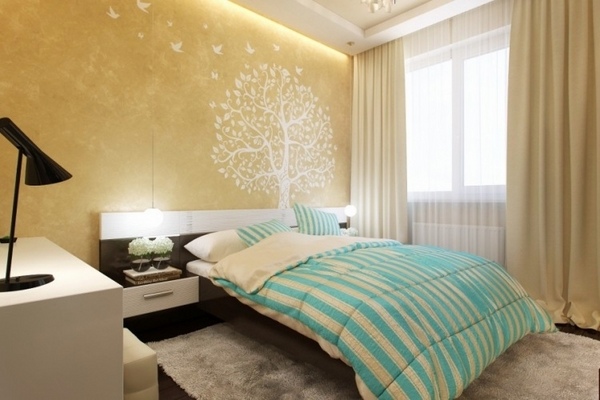 small-bedroom-interior-ideas golden paint wall color