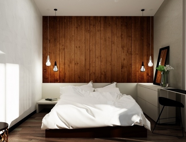 small-bedroom-wooden-wall headboard shelves