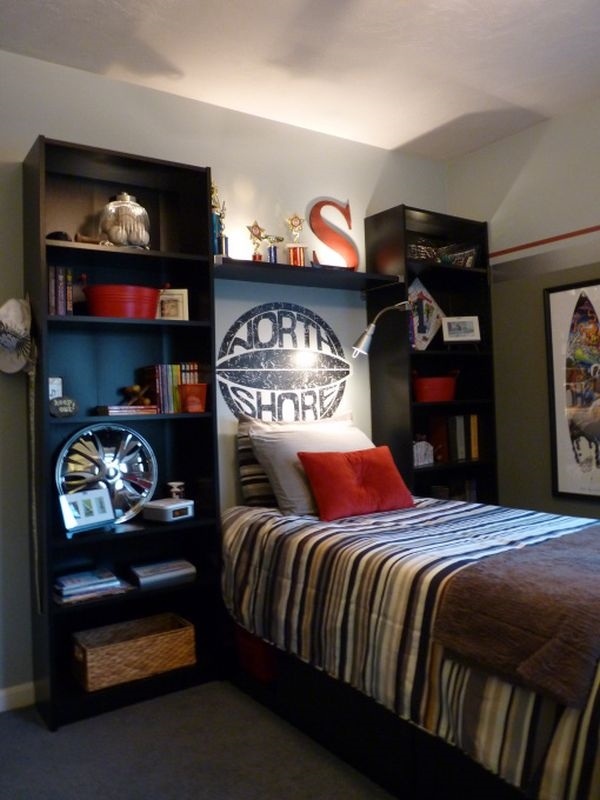 small teen room ideas open wall shelves bed light