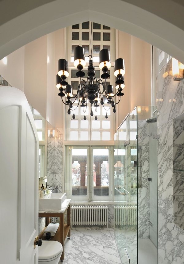 spectacular marble black chandelier walk in shower