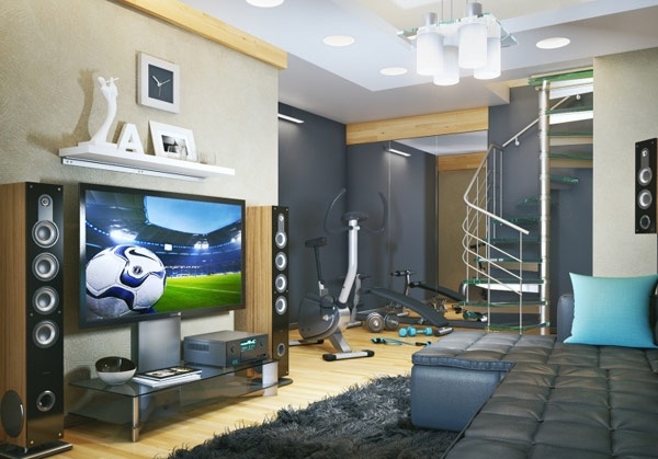 super cool teen boy room ideas modern gray color large TV gym corner