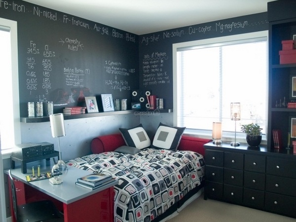 teen-boy-room-ideas-teen-room-furniture- blackboard-walls-black-red-colors-combination