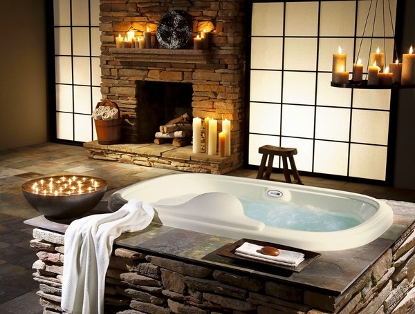 unique custom bathrooms with rustic style stone fireplace candles