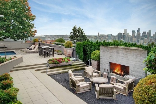 unique rooftop deck fireplace lounge furniture pool