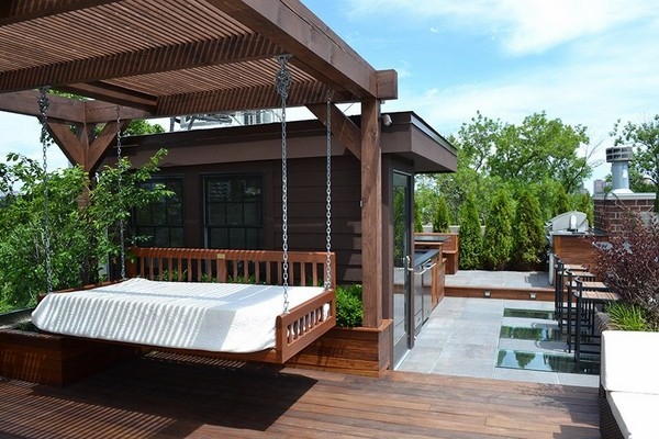 unique rooftop deck ideas pergola swinging daybed bar area