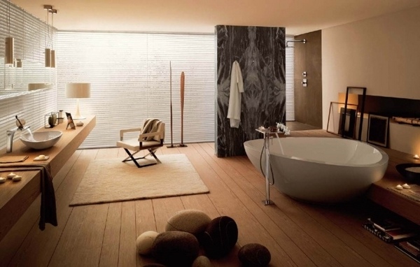 wellness-spa-master-bathroom-ideas-freestanding-tub-wood floor modern pendant lamps