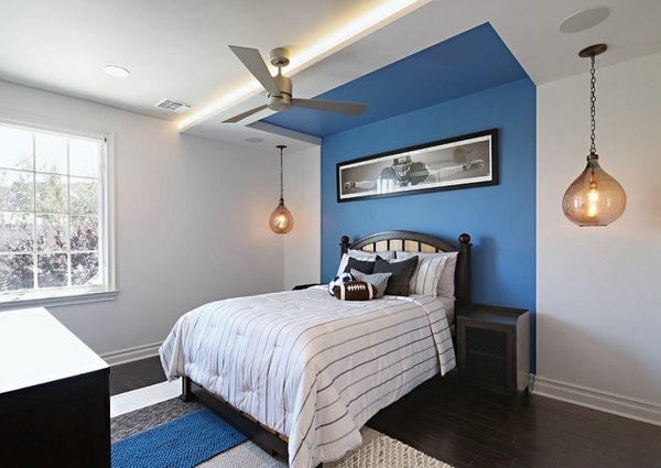 Accent ideas blue wall color headboard pendant lamps