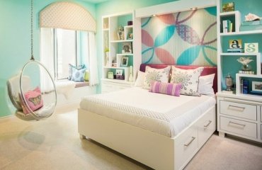 Accent-wall-ideas-colorful-floral-pattern-turquoise-white-furniture