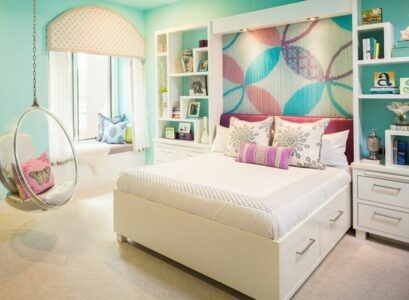 Accent-wall-ideas-colorful-floral-pattern-turquoise-white-furniture