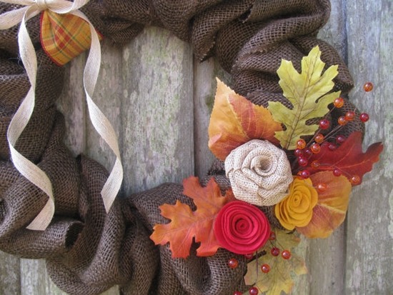 Burlap fall wreath with flowers