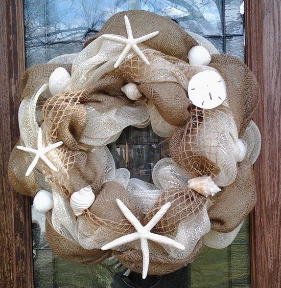 DIY burlap and mesh wreath ideas summer decor sea shells