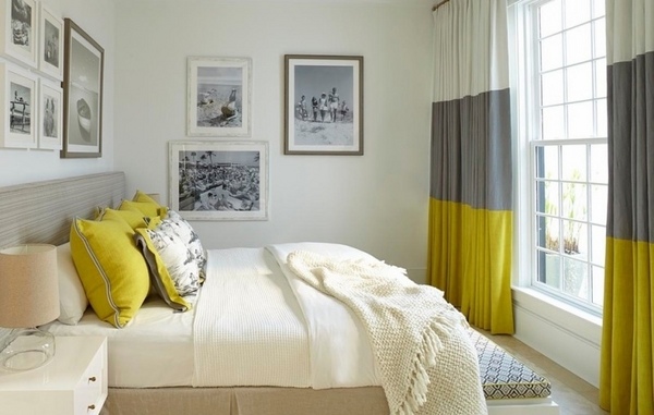 Gray and yellow bedroom interior decorative pillows curtains accent