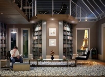 Ideas-for-home-library-furniture-glass-roof-carpet-modern-style